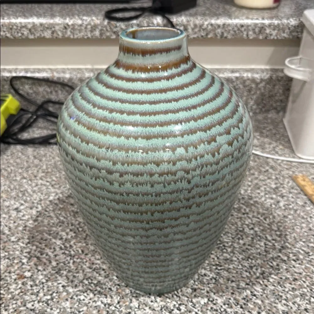 Vietnam Handcrafted Green Brown Spiral Glazed Accent Vase 11 Inches Tall